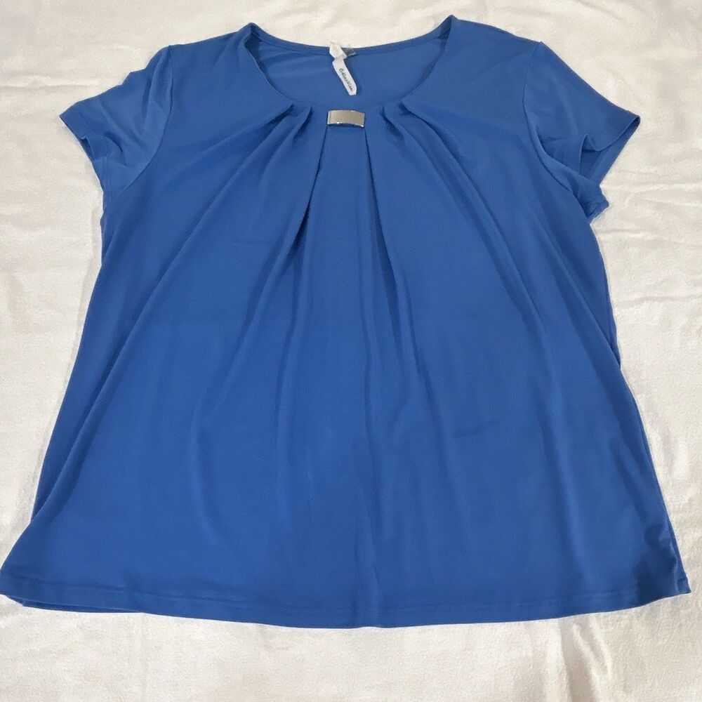 MS Collection Women's Blue Knit Stretch Pleated Scoop Neck Pullover Blouse M0111